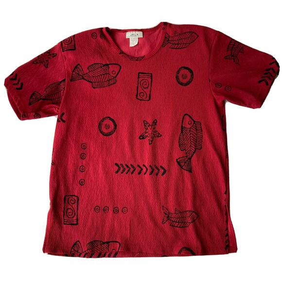 JPLA Shirt Sz M Fish Hawaii Surf Tropical Red Black Summer Vintage Womens - Picture 1 of 8